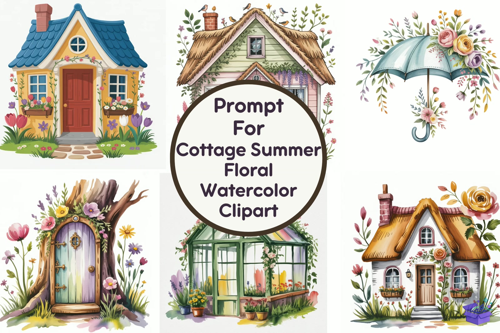 Cottage Summer Floral Watercolor - Lazer Kesim ve Çizim Dosyası (SVG, DXF, EPS, PNG) - detaylı önizleme 5