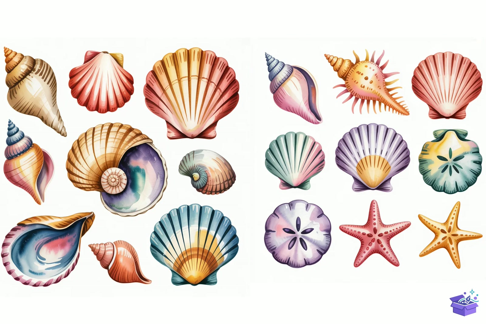 Watercolor Seashells Ocean Beach - Lazer Kesim ve Çizim Dosyası (SVG, DXF, EPS, PNG) - detaylı önizleme 4