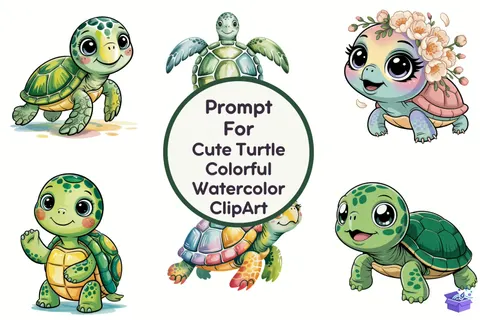 Sevimli Renkli Suluboya Kaplumbağa - Clipart Seti (PDF) - Hazır Grafikler & Clipart İndir (PDF)