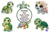 Sevimli Renkli Suluboya Kaplumbağa - Clipart Seti (PDF) - detaylı önizleme 5