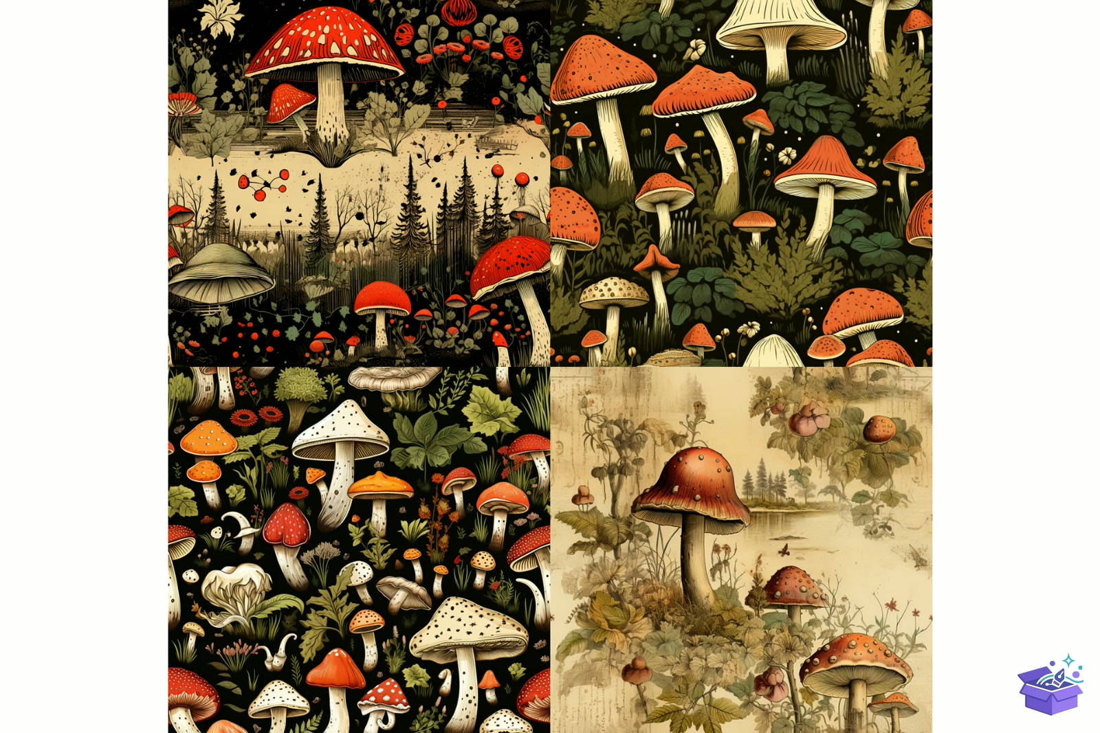 Prompt Vintage Mushroom Seamless Desen - Lazer Kesim ve Çizim Dosyası (SVG, DXF, EPS, PNG) - detaylı önizleme 4