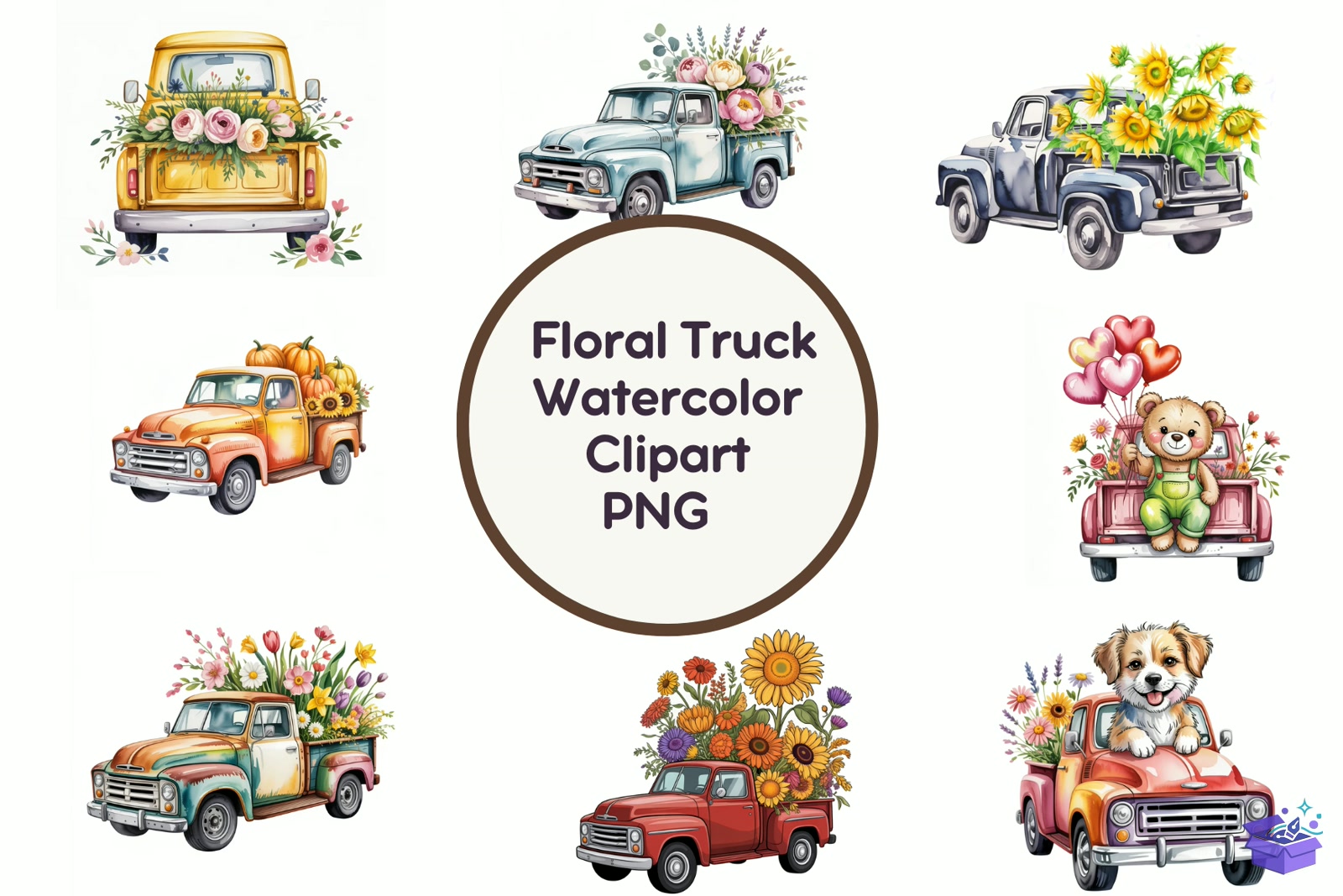 Floral Truck Watercolor - Lazer Kesim ve Çizim Dosyası (SVG, DXF, EPS, PNG) - Vektörler & SVG İndir (DXF, SVG, EPS)