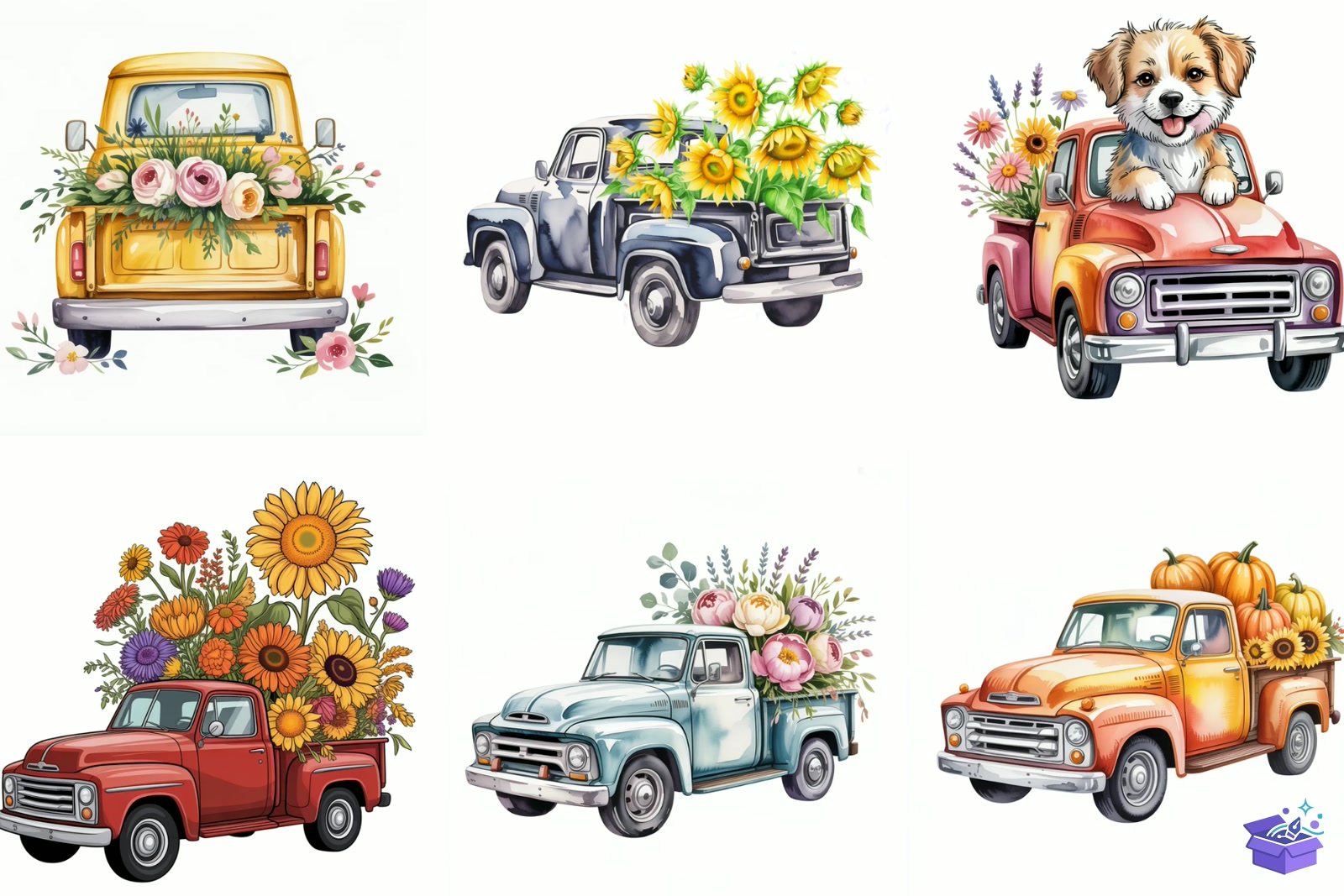 Floral Truck Watercolor - Lazer Kesim ve Çizim Dosyası (SVG, DXF, EPS, PNG) - detaylı önizleme 2