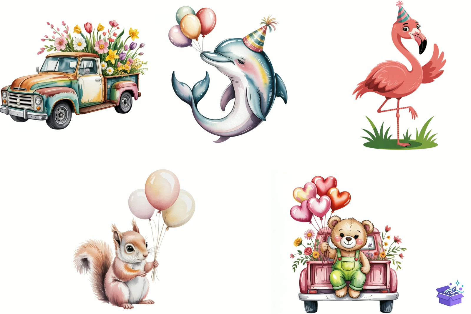 Floral Truck Watercolor - Lazer Kesim ve Çizim Dosyası (SVG, DXF, EPS, PNG) - detaylı önizleme 3
