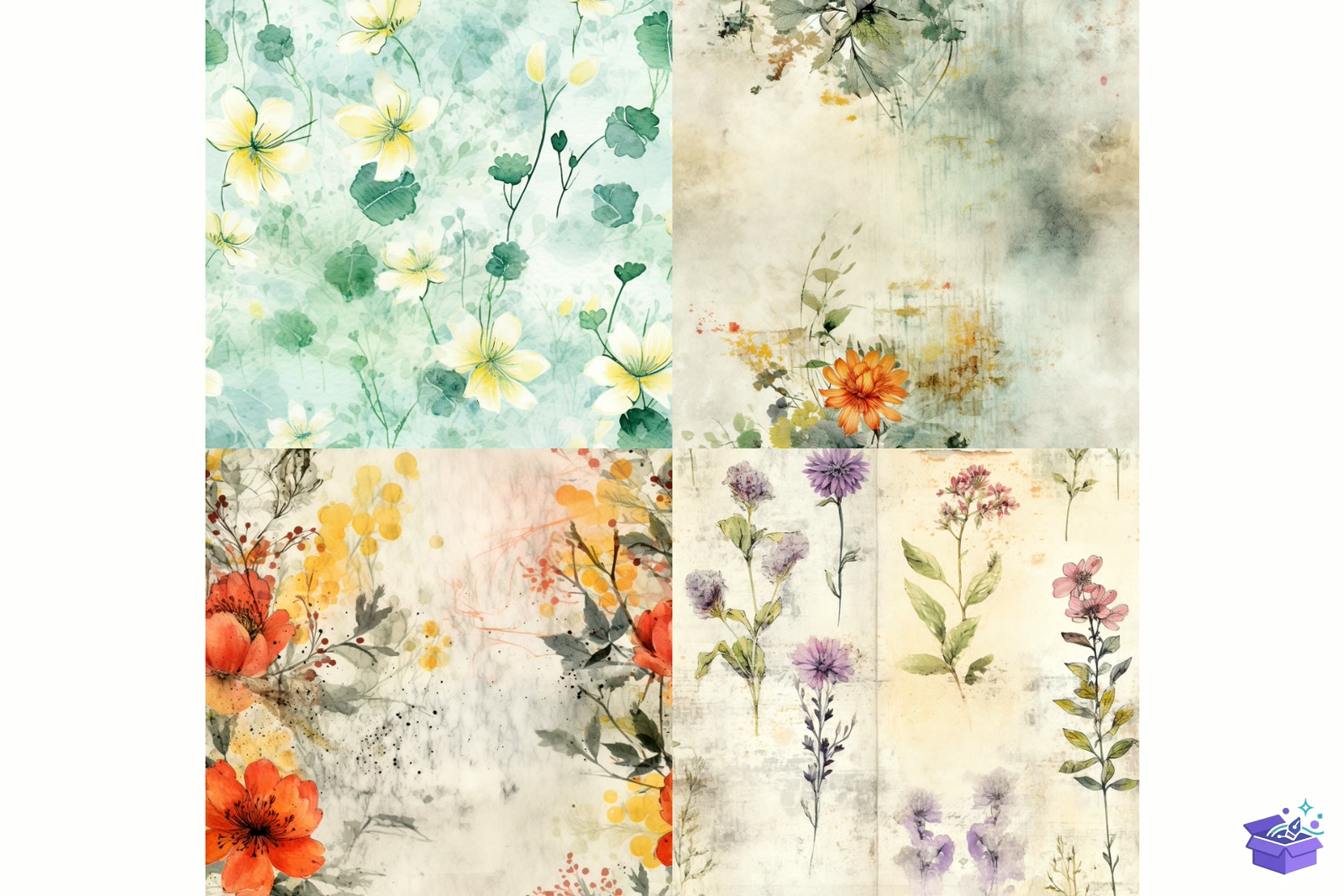 Watercolor Çiçek Digital Paper - Lazer Kesim ve Çizim Dosyası (SVG, DXF, EPS, PNG) - detaylı önizleme 4