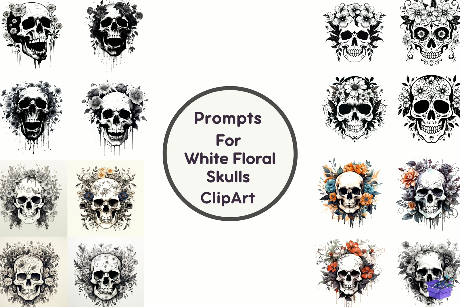 Prompt For White Floral Skulls - Lazer Kesim ve Çizim Dosyası (SVG, DXF, EPS, PNG) - Vektörler & SVG İndir (DXF, SVG, EPS)