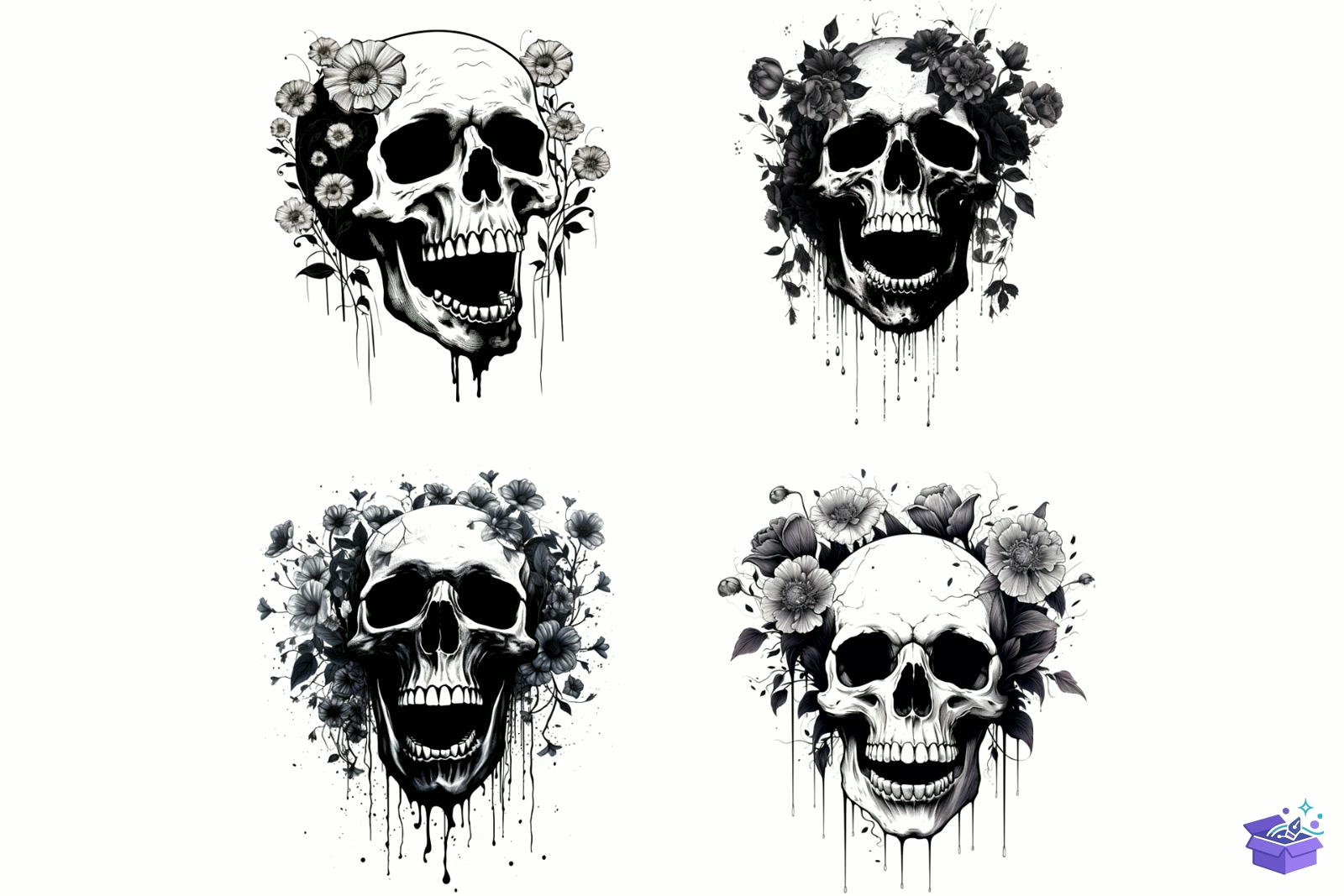 Prompt For White Floral Skulls - Lazer Kesim ve Çizim Dosyası (SVG, DXF, EPS, PNG) - detaylı önizleme 2