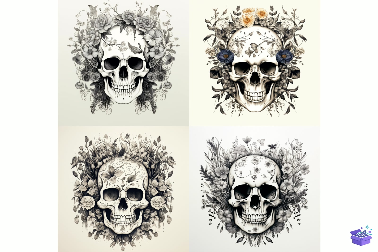 Prompt For White Floral Skulls - Lazer Kesim ve Çizim Dosyası (SVG, DXF, EPS, PNG) - detaylı önizleme 4