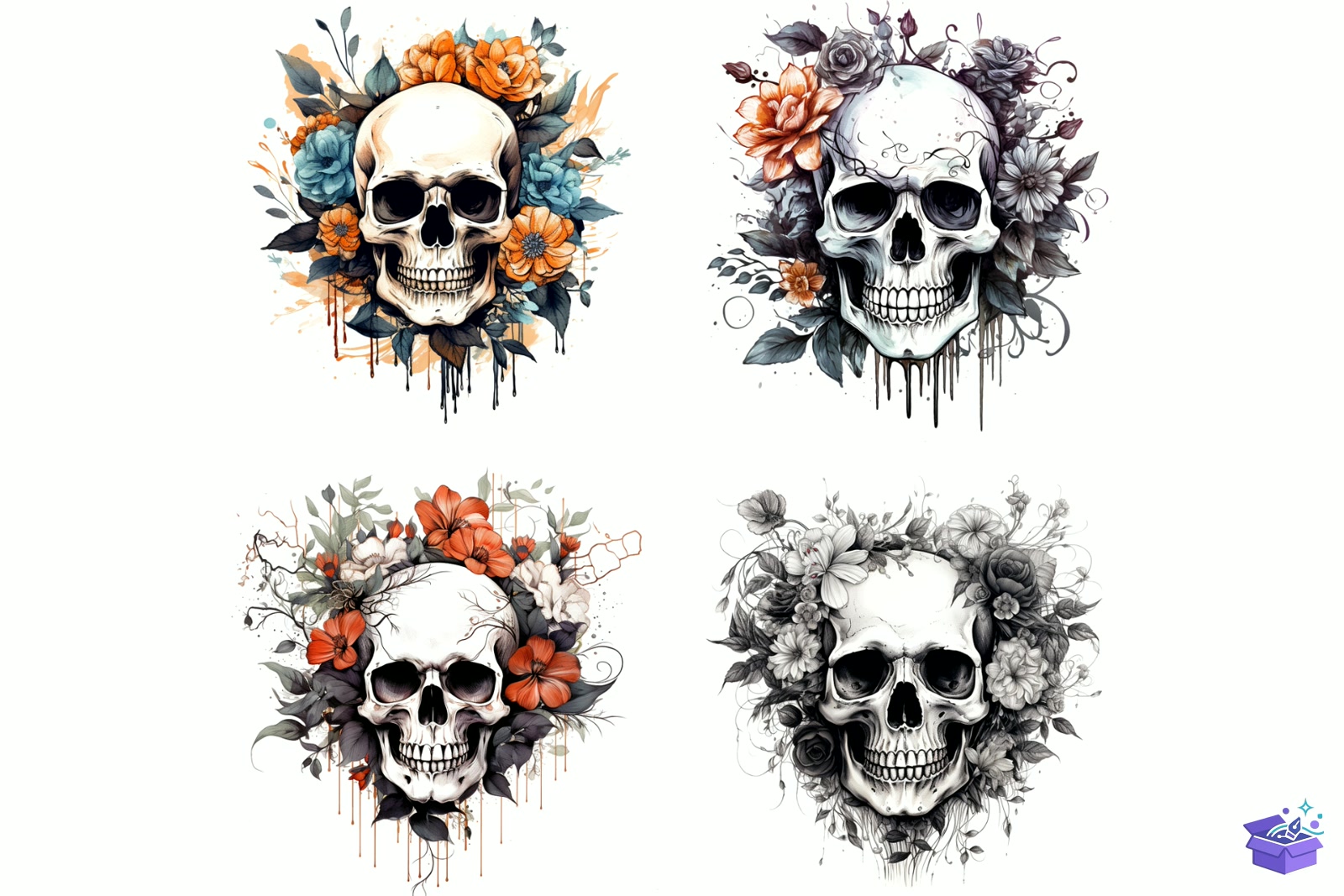 Prompt For White Floral Skulls - Lazer Kesim ve Çizim Dosyası (SVG, DXF, EPS, PNG) - detaylı önizleme 6