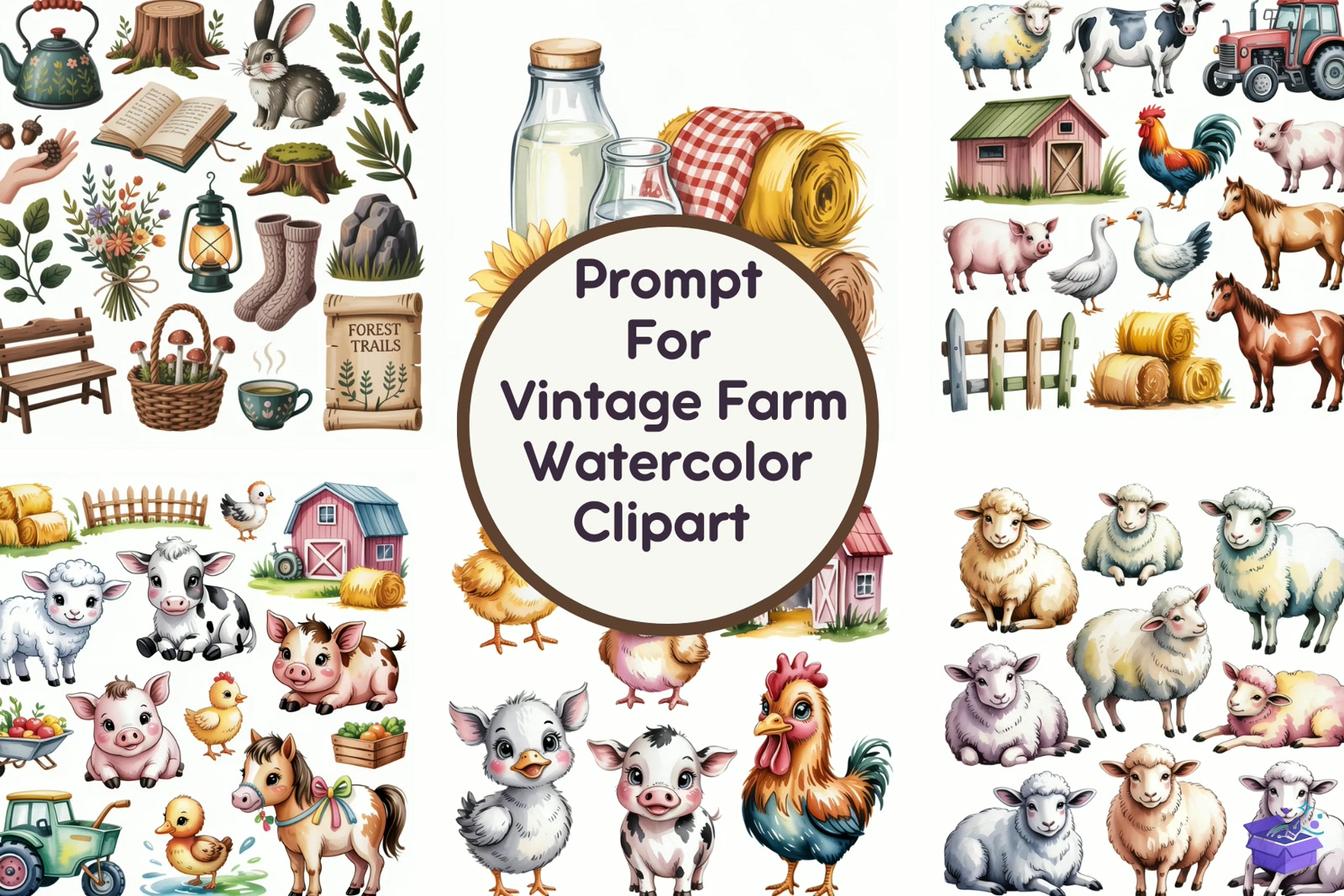 Prompt Vintage Farm Watercolor - Lazer Kesim ve Çizim Dosyası (SVG, DXF, EPS, PNG) - detaylı önizleme 4