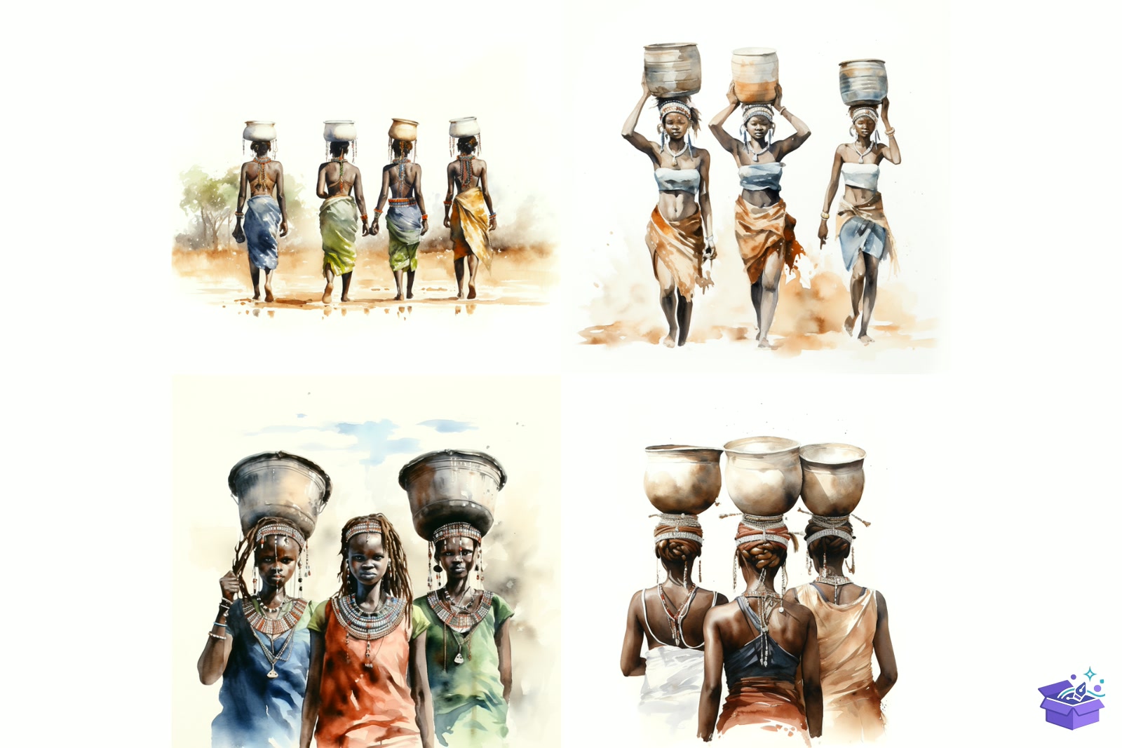 Watercolor African Girls Background - Lazer Kesim ve Çizim Dosyası (SVG, DXF, EPS, PNG) - detaylı önizleme 4