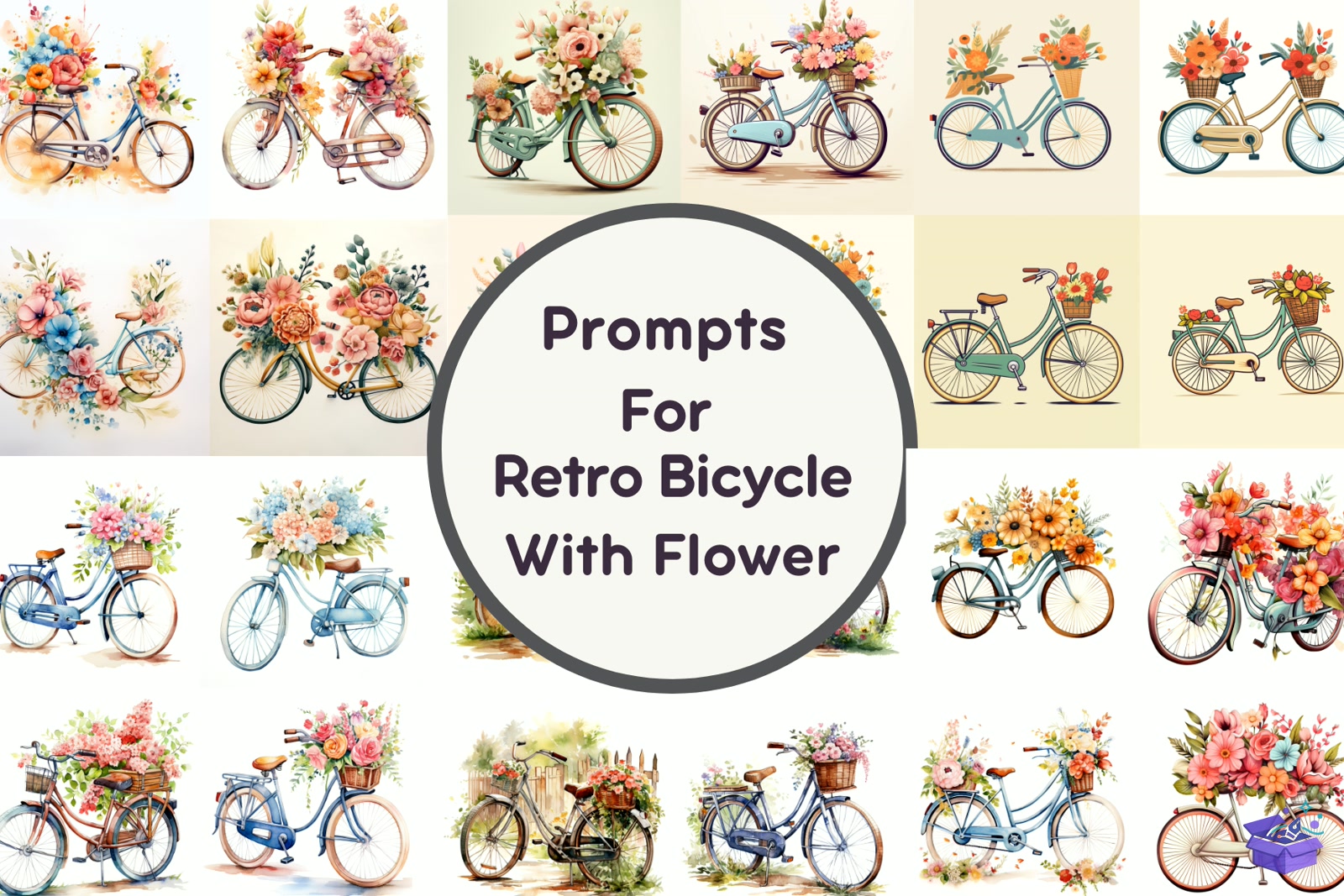 Prompt For Retro Bicycle With Çiçek - Lazer Kesim ve Çizim Dosyası (SVG, DXF, EPS, PNG) - Vektörler & SVG İndir (DXF, SVG, EPS)