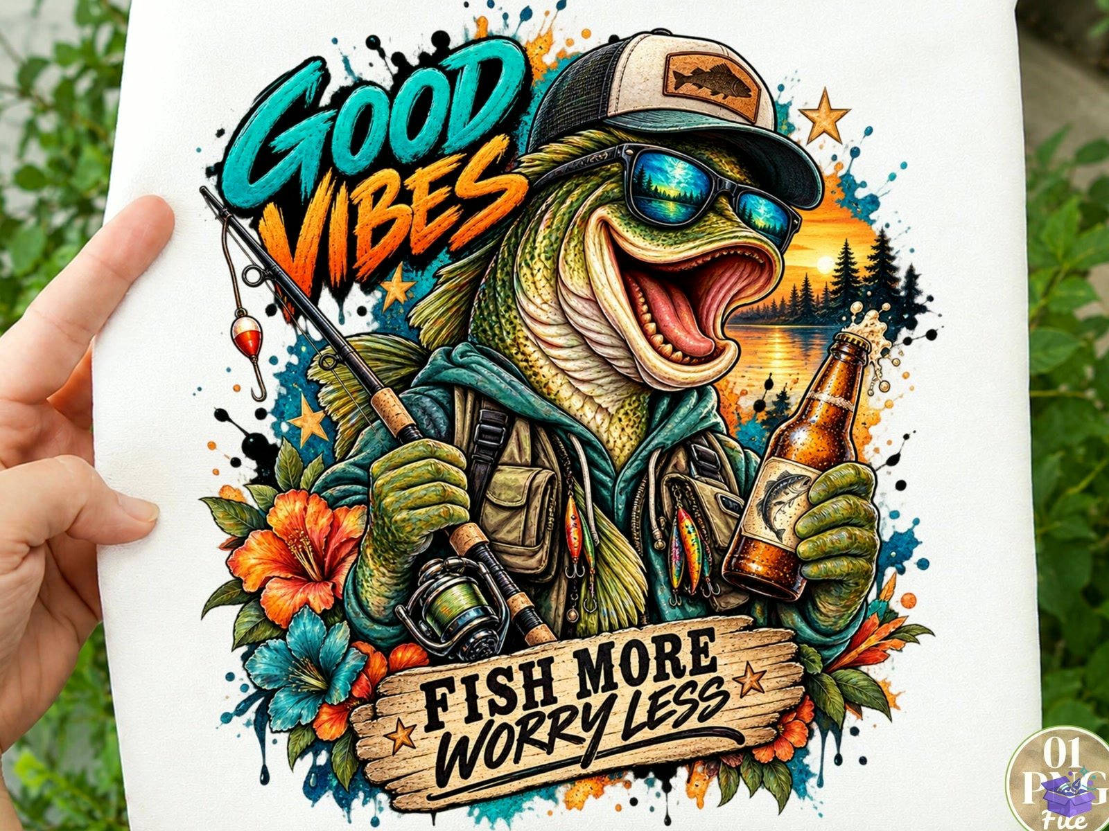 Fish More Worry Less PNG Funny Fishing - DTF & Süblimasyon Baskı Tasarımı (SVG, DXF, EPS, PNG) - detaylı önizleme 2