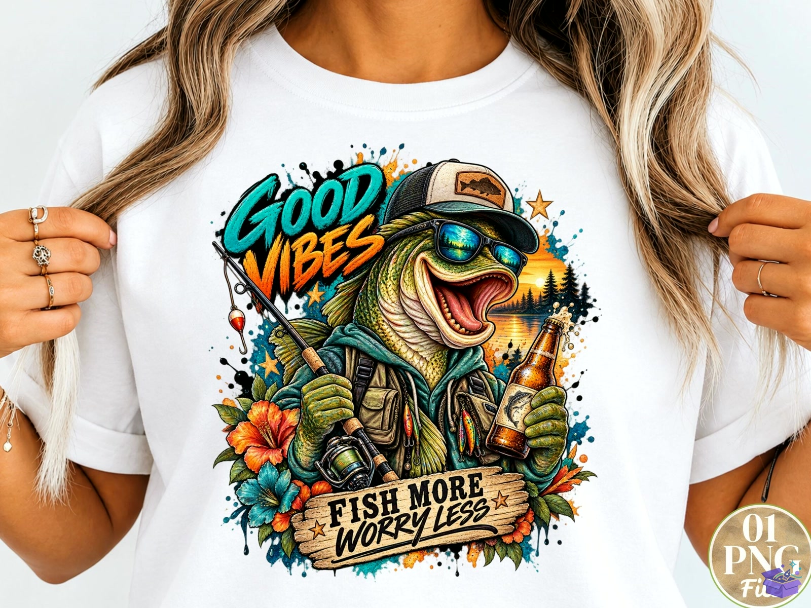 Fish More Worry Less PNG Funny Fishing - DTF & Süblimasyon Baskı Tasarımı (SVG, DXF, EPS, PNG) - detaylı önizleme 3