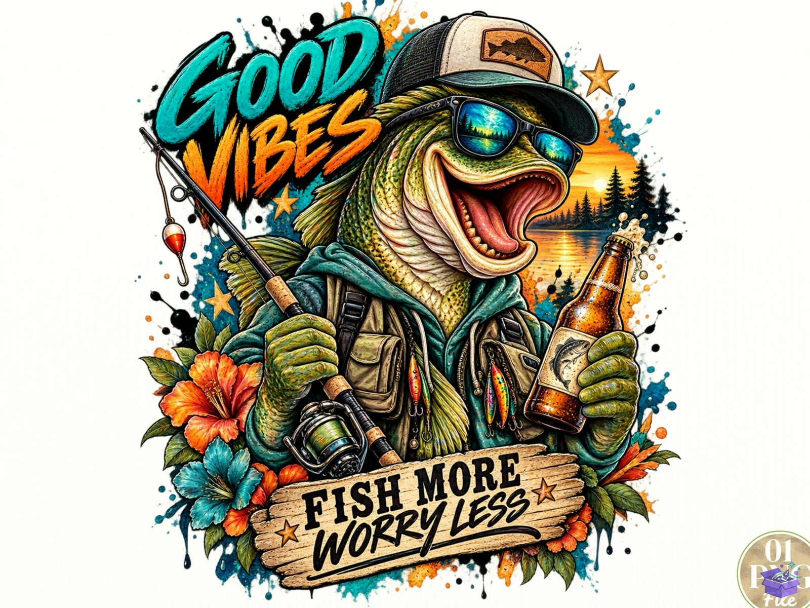 Fish More Worry Less PNG Funny Fishing - DTF & Süblimasyon Baskı Tasarımı (SVG, DXF, EPS, PNG) - detaylı önizleme 4