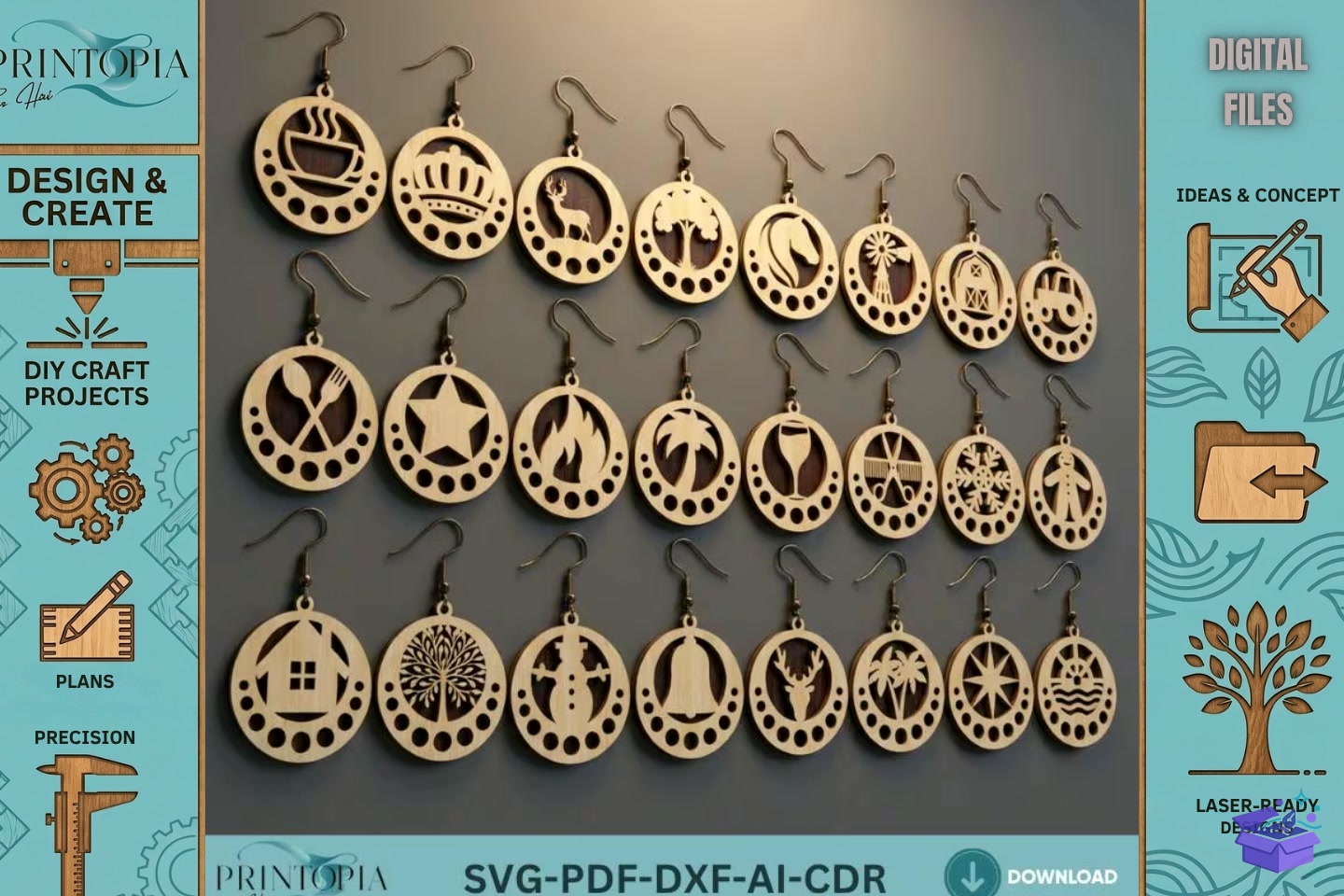 Ahşap Küpe Şablon DIY Takı Aksesuar - Lazer Kesim ve Çizim Dosyası (SVG, DXF, EPS, PNG) - Lazer Kesim Dosyaları İndir (DXF, SVG, EPS)