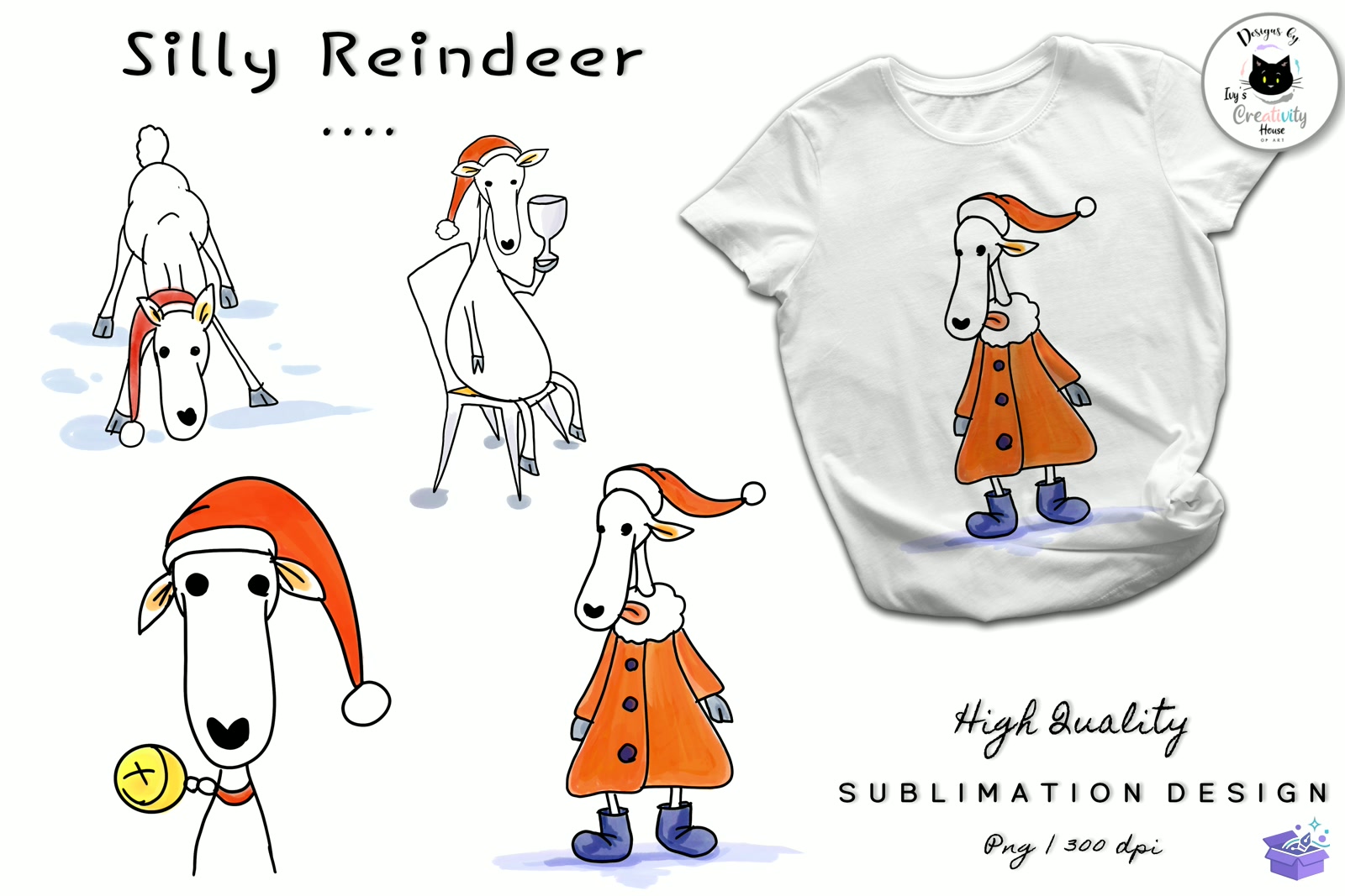 Funny Yılbaşı Ren Geyiği Doodle - DTF & Süblimasyon Baskı Tasarımı (SVG, DXF, EPS, PNG) - detaylı önizleme 5