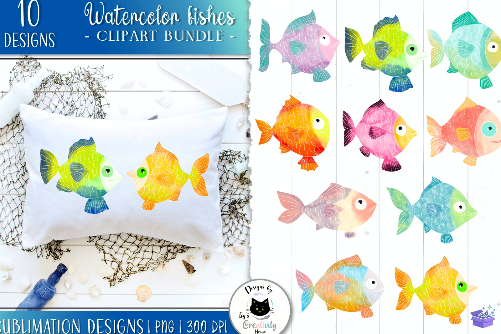 Cute Watercolor Fish - DTF & Süblimasyon Baskı Tasarımı (SVG, DXF, EPS, PNG) - detaylı önizleme 6