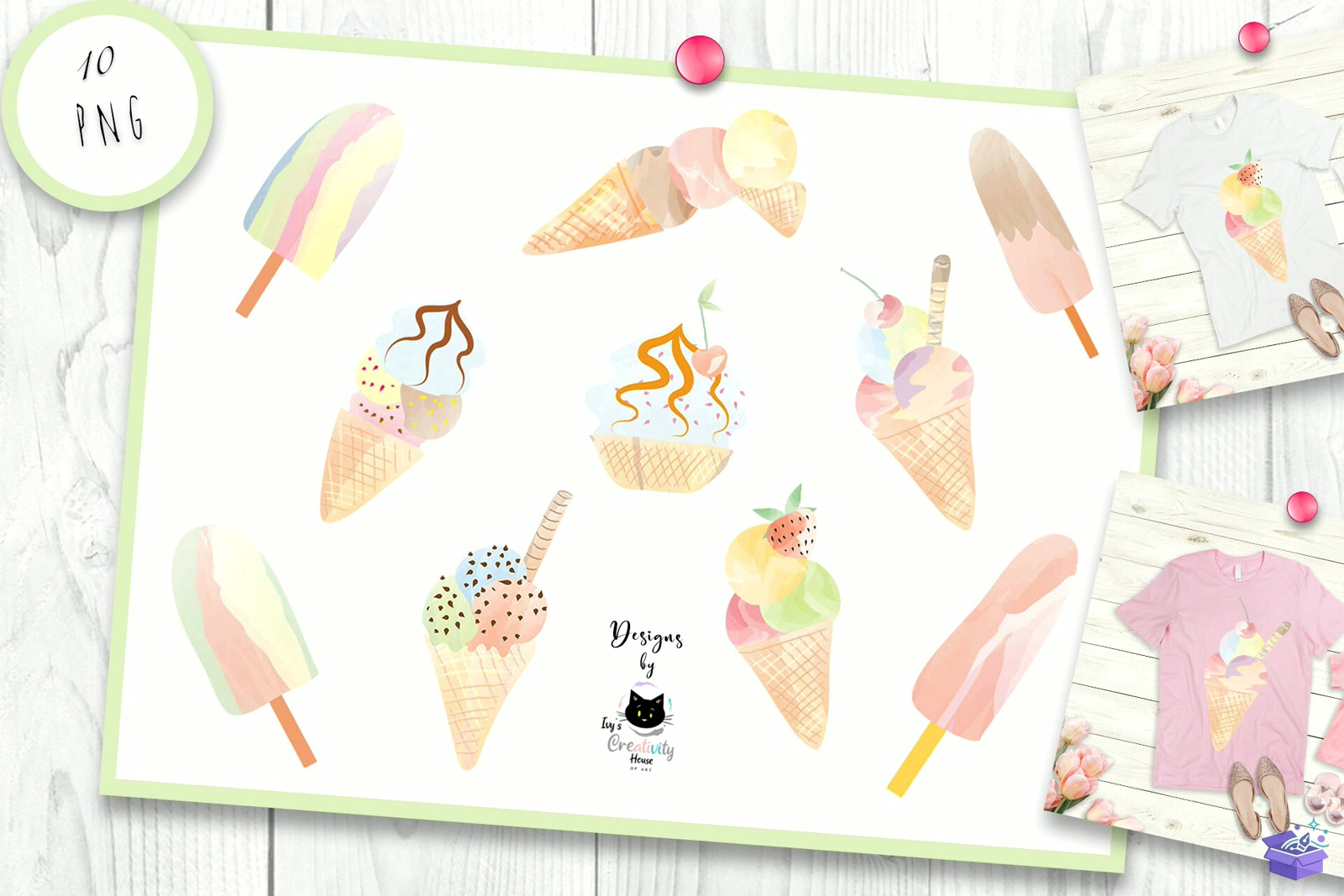Watercolor Ice Cream Summer - DTF & Süblimasyon Baskı Tasarımı (SVG, DXF, EPS, PNG) - detaylı önizleme 2