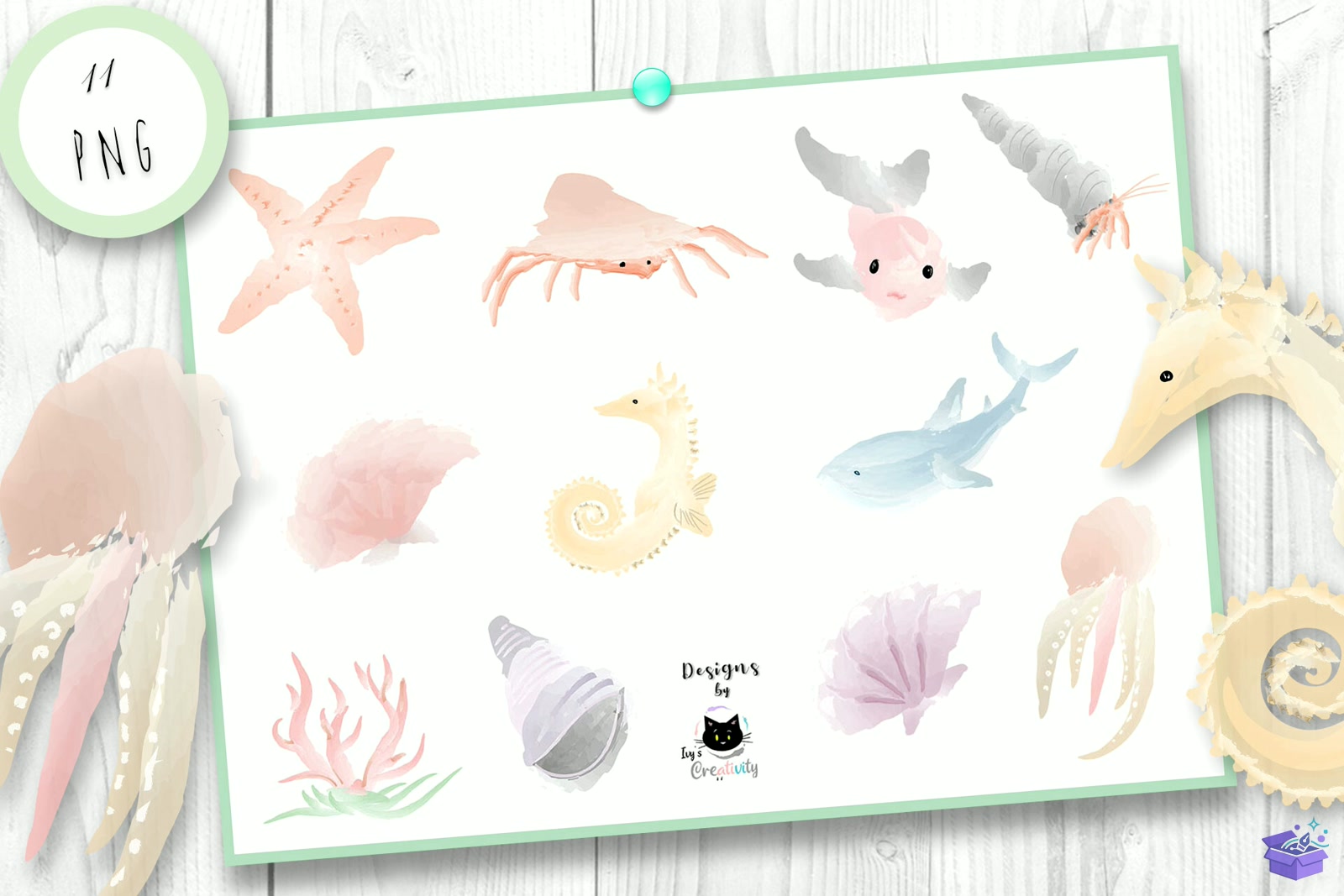 Cute Watercolor Ocean Animal - DTF & Süblimasyon Baskı Tasarımı (SVG, DXF, EPS, PNG) - detaylı önizleme 2