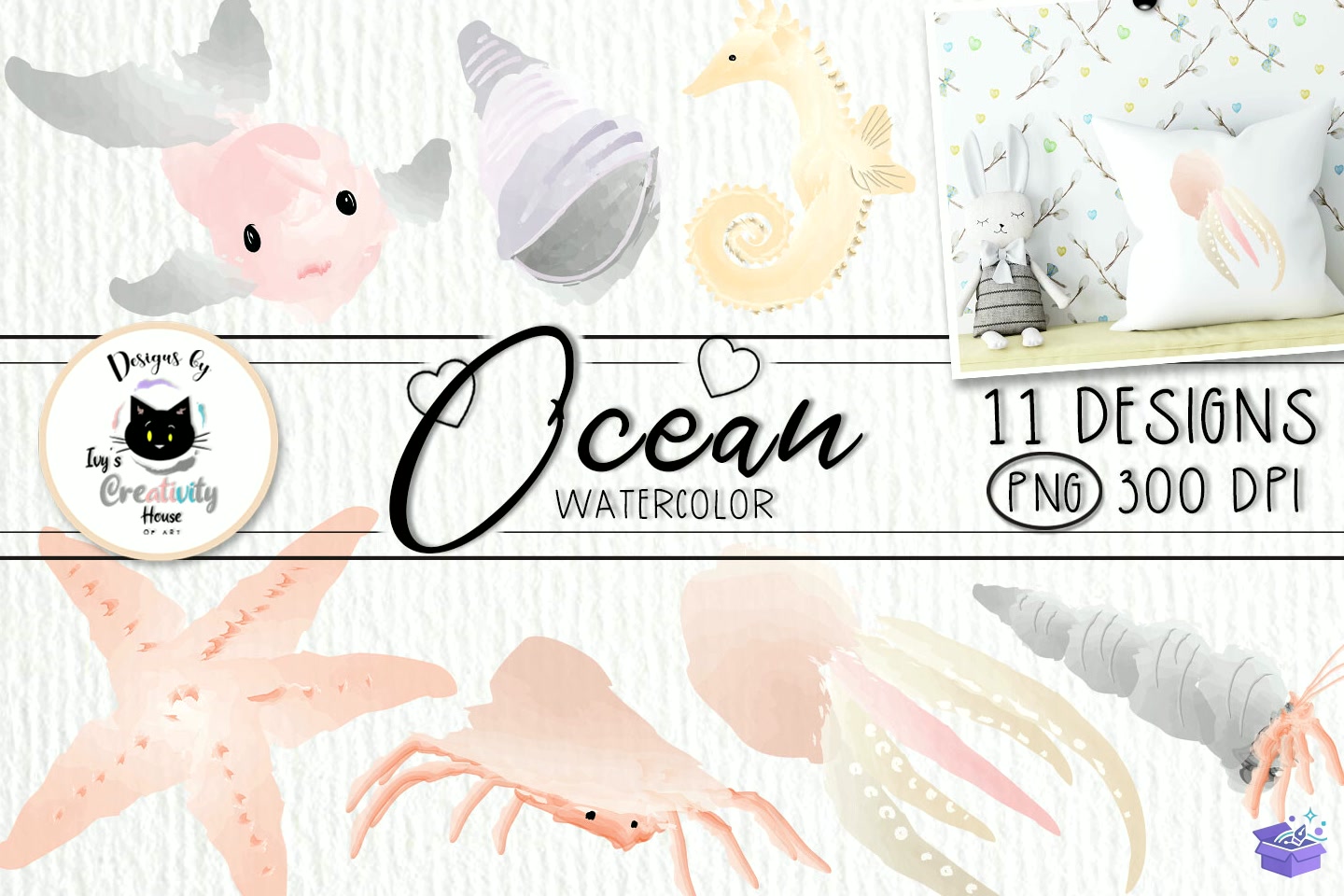 Cute Watercolor Ocean Animal - DTF & Süblimasyon Baskı Tasarımı (SVG, DXF, EPS, PNG) - detaylı önizleme 5