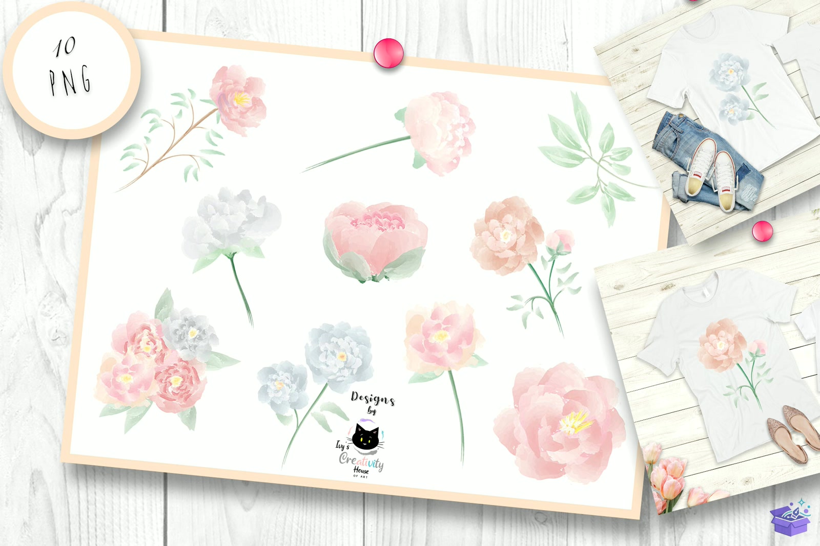 Watercolor Floral Peony PNG - DTF & Süblimasyon Baskı Tasarımı (SVG, DXF, EPS, PNG) - detaylı önizleme 2