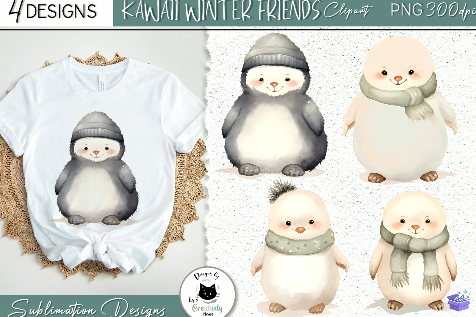 Cute Winter Animal Kawaii PNG - DTF & Süblimasyon Baskı Tasarımı (SVG, DXF, EPS, PNG) - detaylı önizleme 6