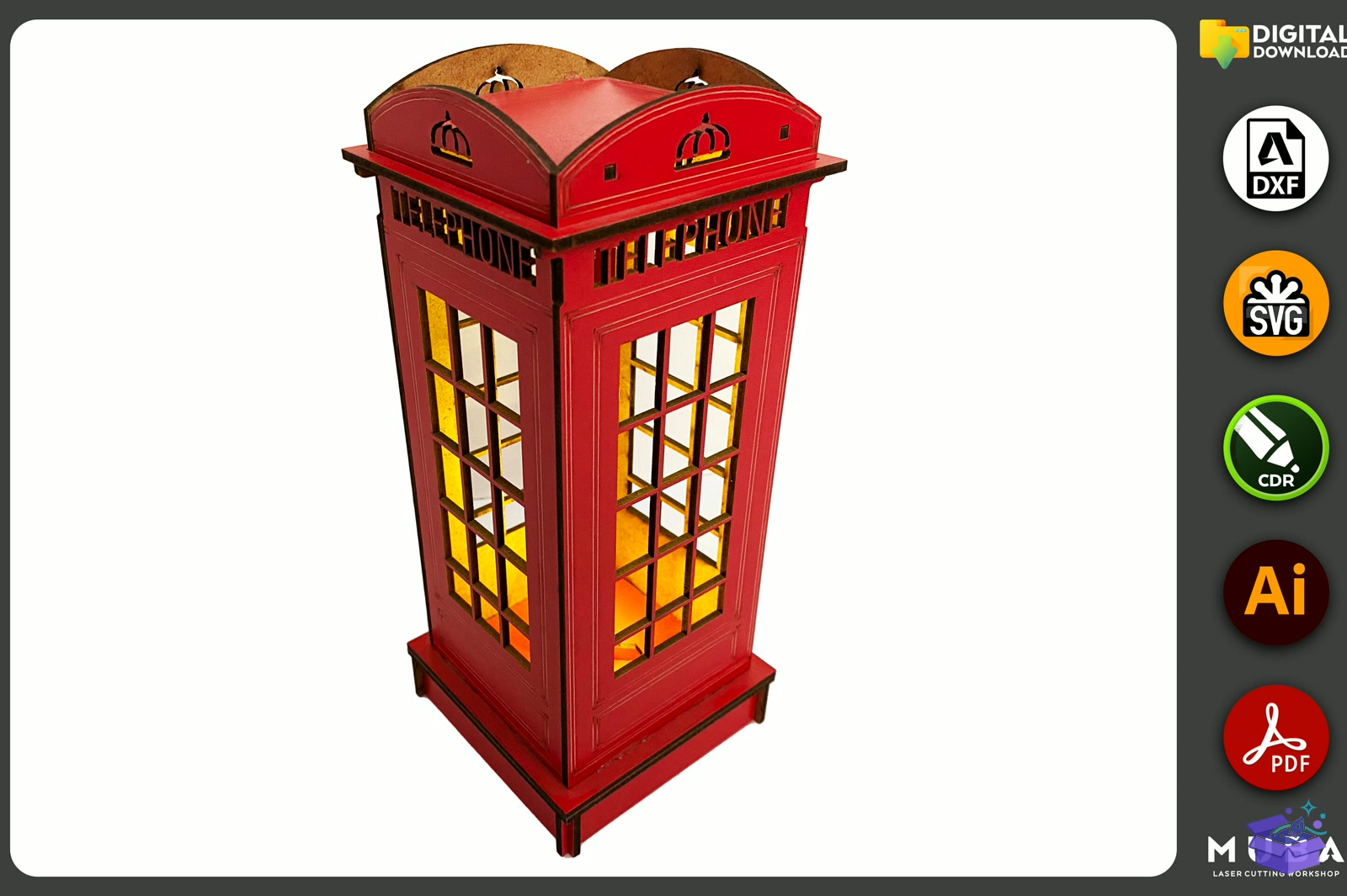 Red English Telephone Booth Gece Lambası - Lazer Kesim ve Çizim Dosyası (SVG, DXF, EPS, PNG) - Lazer Kesim Dosyaları İndir (DXF, SVG, EPS)