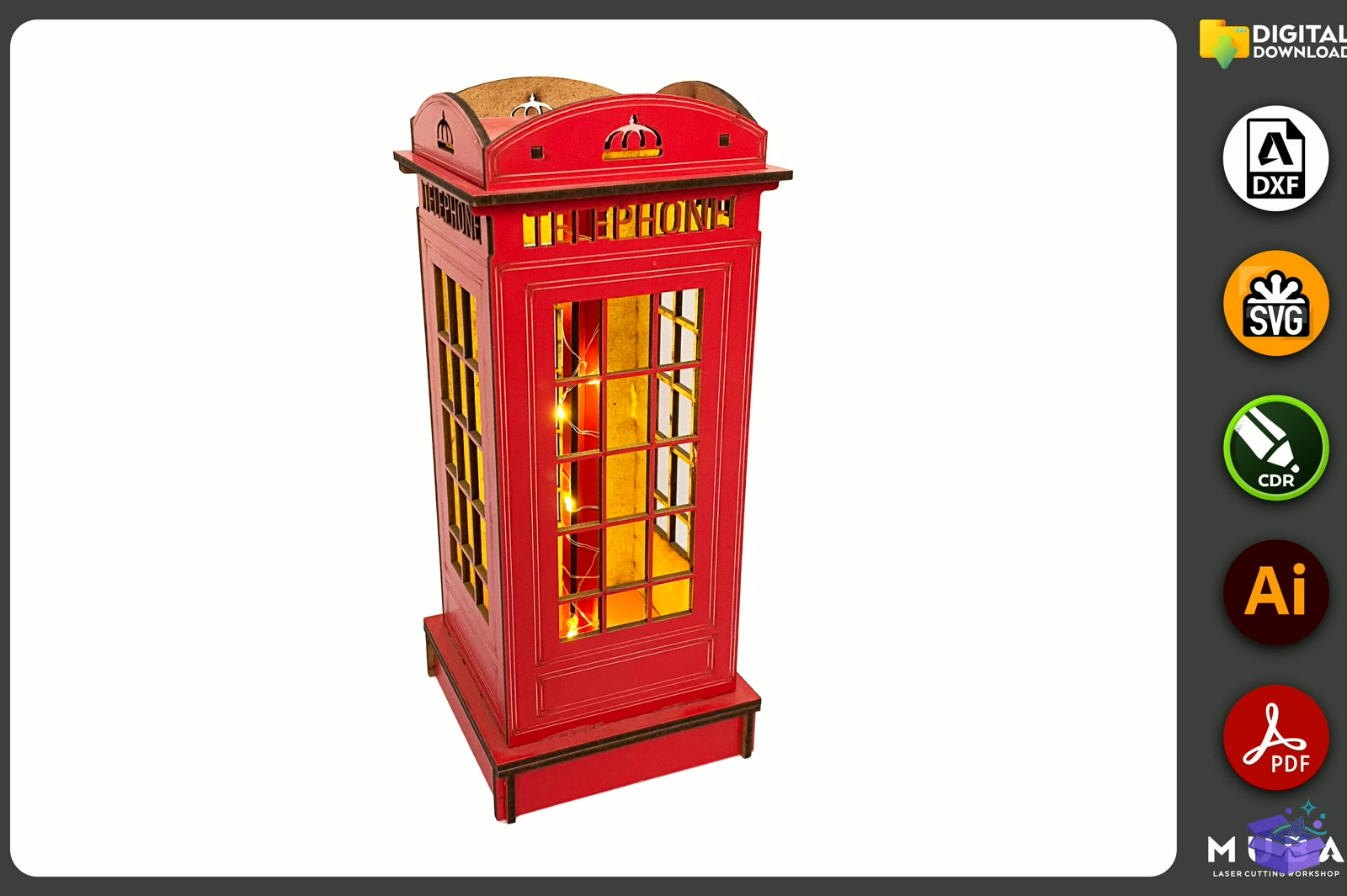 Red English Telephone Booth Gece Lambası - Lazer Kesim ve Çizim Dosyası (SVG, DXF, EPS, PNG) - detaylı önizleme 2