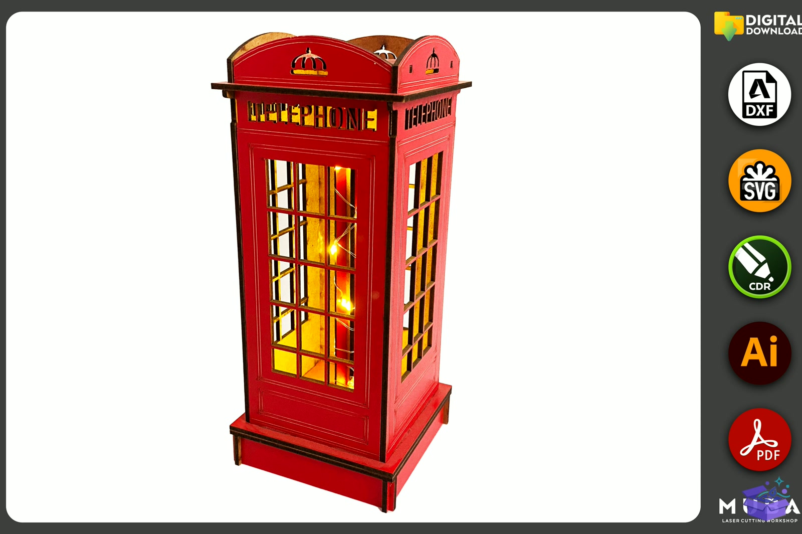 Red English Telephone Booth Gece Lambası - Lazer Kesim ve Çizim Dosyası (SVG, DXF, EPS, PNG) - detaylı önizleme 3