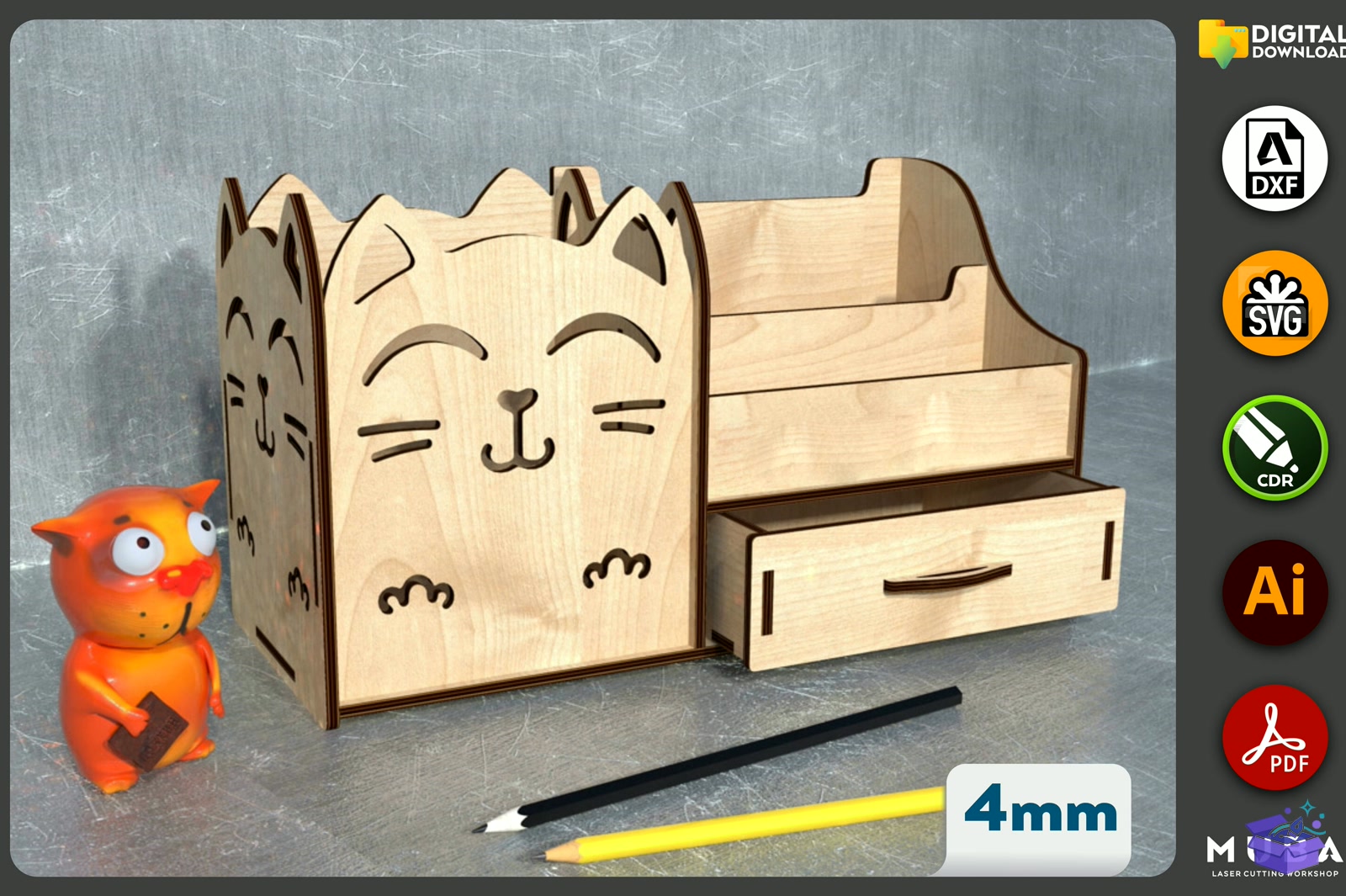 Lazer Kesim Kids Kedi Masaüstü Düzenleyici SVG - Lazer Kesim ve Çizim Dosyası (SVG, DXF, EPS, PNG) - detaylı önizleme 2