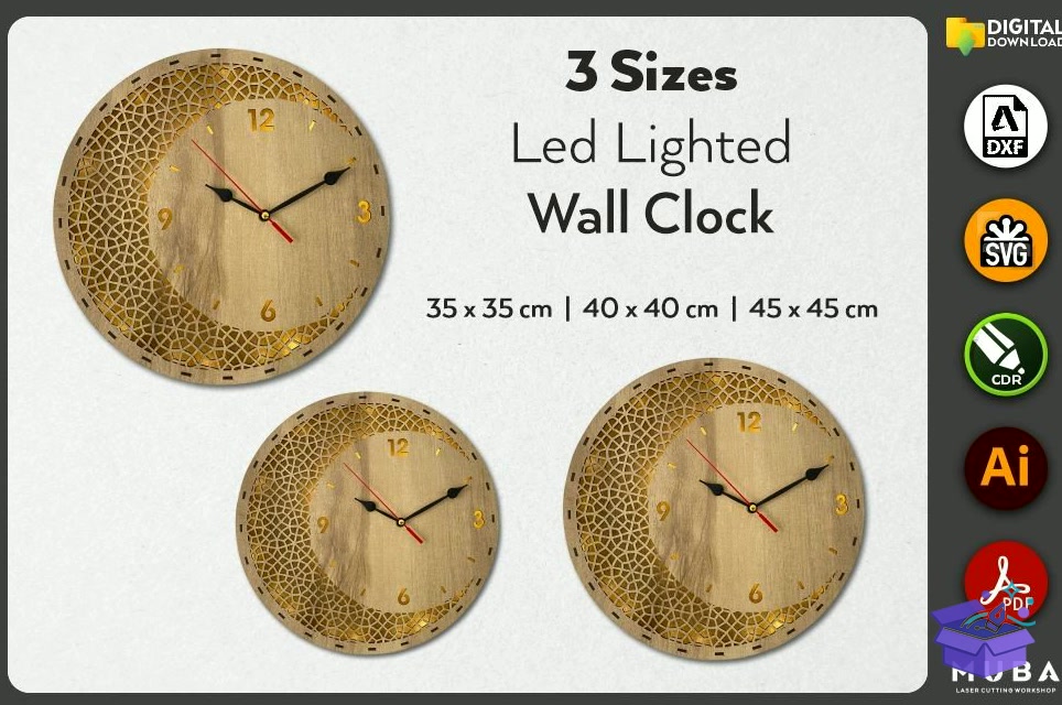 3 Sizes Wall Duvar Saati SVG Led Lighted Svg - Lazer Kesim ve Çizim Dosyası (SVG, DXF, EPS, PNG) - Lazer Kesim Dosyaları İndir (DXF, SVG, EPS)