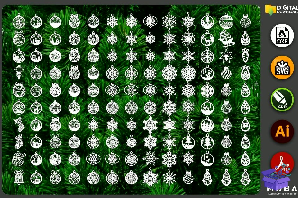 135 Pcs Yılbaşı Ağaç Süsü SVG - Lazer Kesim ve Çizim Dosyası (SVG, DXF, EPS, PNG) - detaylı önizleme 2