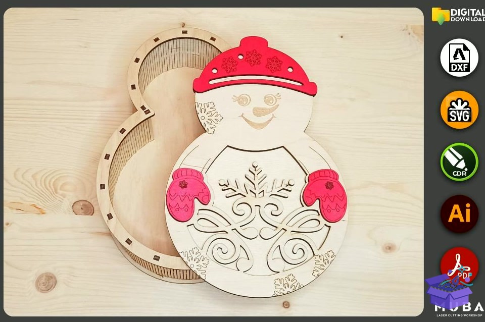 Snowman Yılbaşı Kutu SVG Yılbaşı Gift - Lazer Kesim ve Çizim Dosyası (SVG, DXF, EPS, PNG) - detaylı önizleme 2