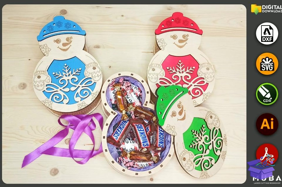 Snowman Yılbaşı Kutu SVG Yılbaşı Gift - Lazer Kesim ve Çizim Dosyası (SVG, DXF, EPS, PNG) - detaylı önizleme 3
