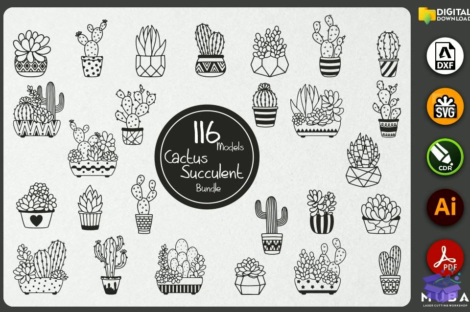 116 Pcs CACTUS SVG Succulent Svg - El İşi ve Kesim Dosyası (SVG, DXF, EPS, PNG) - Lazer Kesim Dosyaları İndir (DXF, SVG, EPS)
