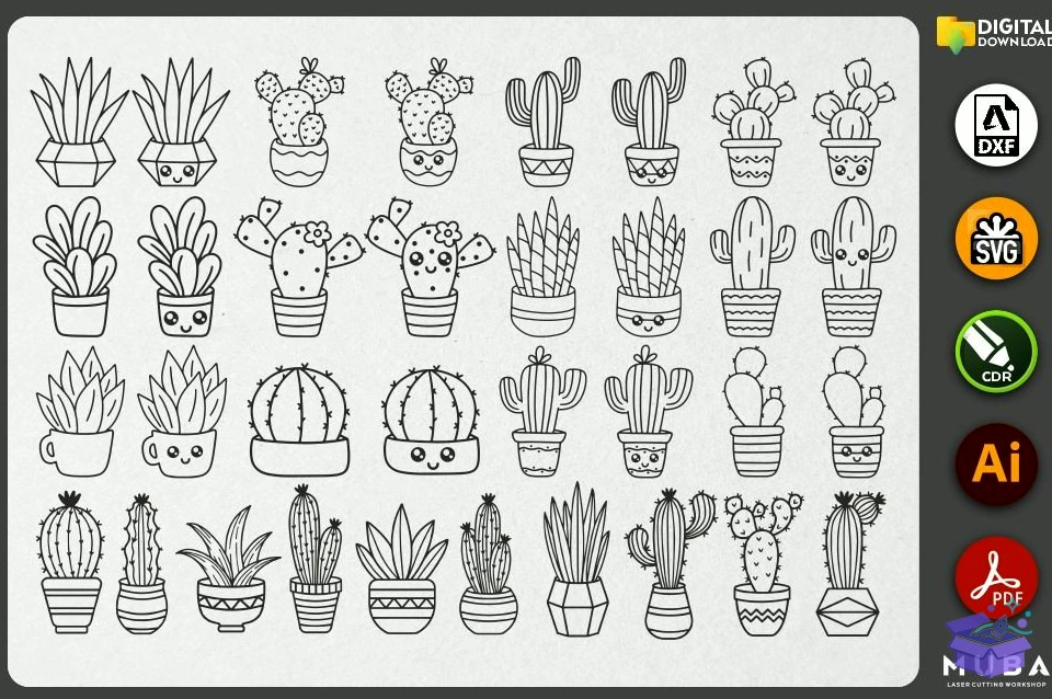 116 Pcs CACTUS SVG Succulent Svg - El İşi ve Kesim Dosyası (SVG, DXF, EPS, PNG) - detaylı önizleme 3