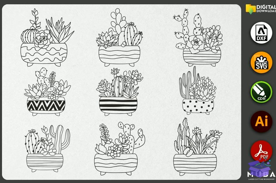 116 Pcs CACTUS SVG Succulent Svg - El İşi ve Kesim Dosyası (SVG, DXF, EPS, PNG) - detaylı önizleme 4
