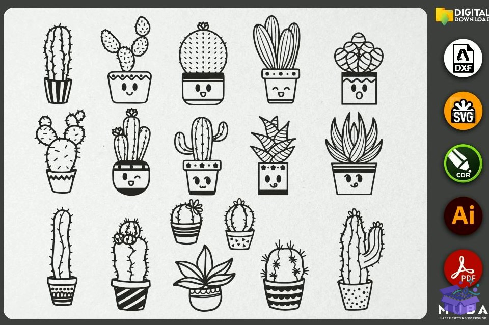116 Pcs CACTUS SVG Succulent Svg - El İşi ve Kesim Dosyası (SVG, DXF, EPS, PNG) - detaylı önizleme 5