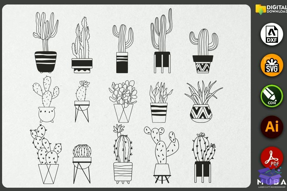 116 Pcs CACTUS SVG Succulent Svg - El İşi ve Kesim Dosyası (SVG, DXF, EPS, PNG) - detaylı önizleme 6