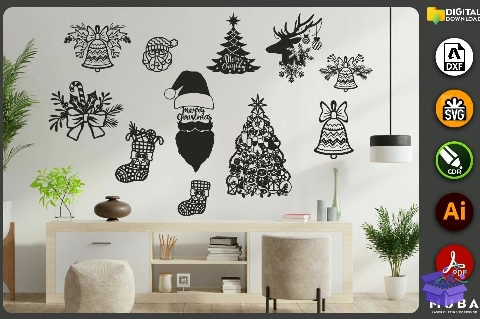 32 Pcs Yılbaşı Ağaç Süsü SVG - Lazer Kesim ve Çizim Dosyası (SVG, DXF, EPS, PNG) - detaylı önizleme 2