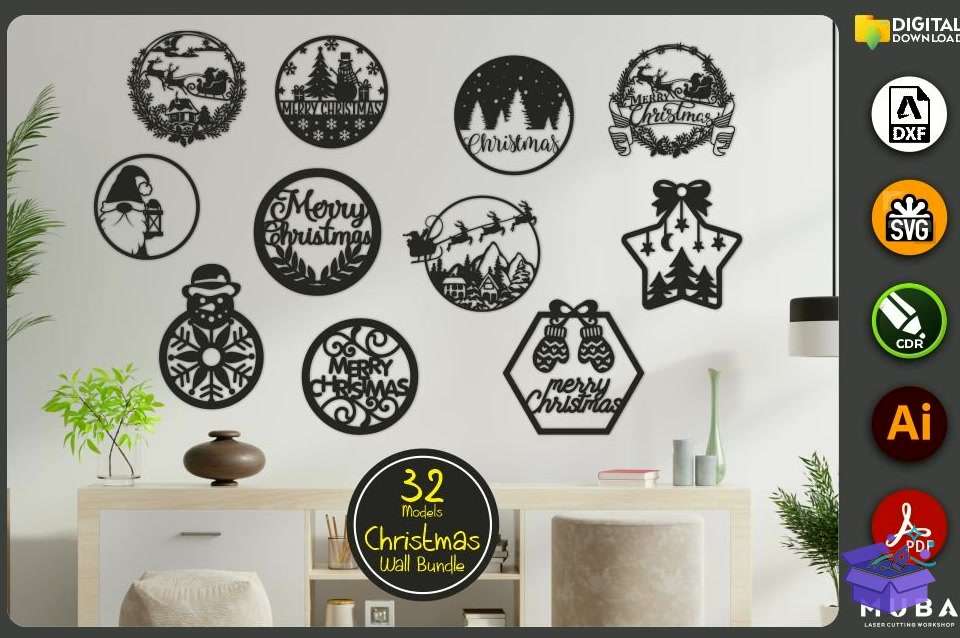 32 Pcs Yılbaşı Ağaç Süsü SVG - Lazer Kesim ve Çizim Dosyası (SVG, DXF, EPS, PNG) - detaylı önizleme 4