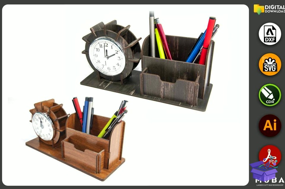 Masaüstü Kalemlik With Duvar Saati Office Product Svg - Lazer Kesim ve Çizim Dosyası (SVG, DXF, EPS, PNG) - Lazer Kesim Dosyaları İndir (DXF, SVG, EPS)