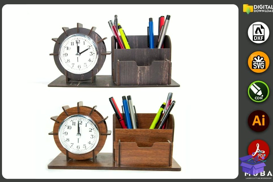 Masaüstü Kalemlik With Duvar Saati Office Product Svg - Lazer Kesim ve Çizim Dosyası (SVG, DXF, EPS, PNG) - detaylı önizleme 3