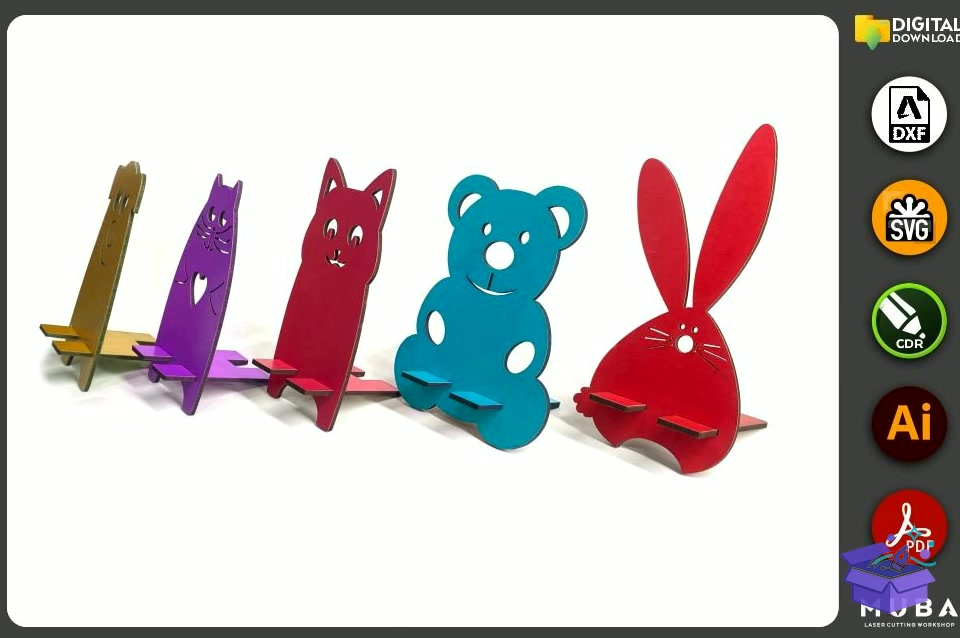 5 Pcs Animal Telefon Standı Telefon Tutucu - Lazer Kesim ve Çizim Dosyası (SVG, DXF, EPS, PNG) - detaylı önizleme 2
