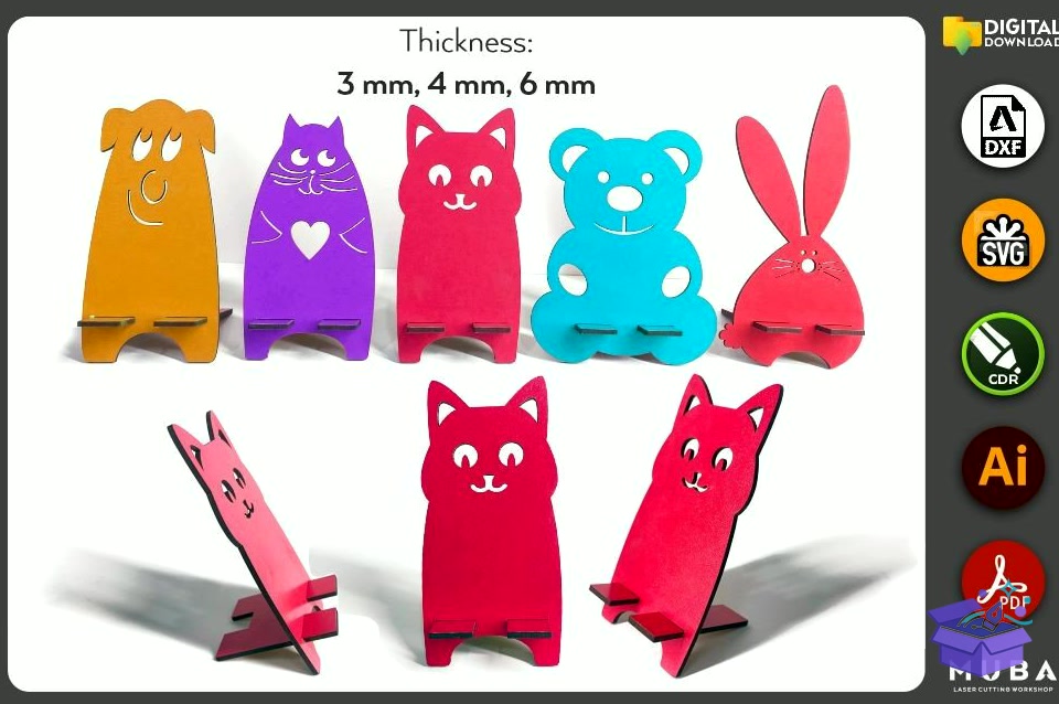 5 Pcs Animal Telefon Standı Telefon Tutucu - Lazer Kesim ve Çizim Dosyası (SVG, DXF, EPS, PNG) - detaylı önizleme 3