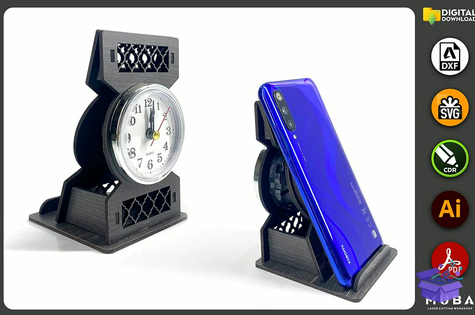 Telefon Standı With Duvar Saati Telefon Tutucu Svg - Lazer Kesim ve Çizim Dosyası (SVG, DXF, EPS, PNG) - Lazer Kesim Dosyaları İndir (DXF, SVG, EPS)
