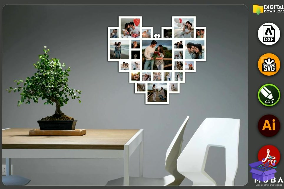 Kalp Temalı Photo Çerçeve Valentines Day Gift - Lazer Kesim ve Çizim Dosyası (SVG, DXF, EPS, PNG) - detaylı önizleme 4