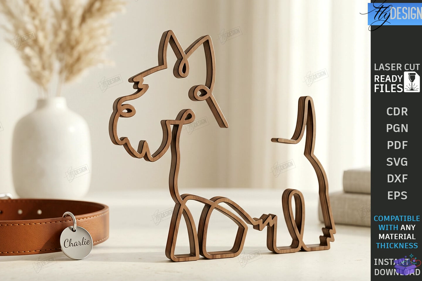 Ahşap One Line Köpek Art Lazer Kesim CNC - 3D Baskı ve Model Dosyası (STL, OBJ, 3MF) - detaylı önizleme 4