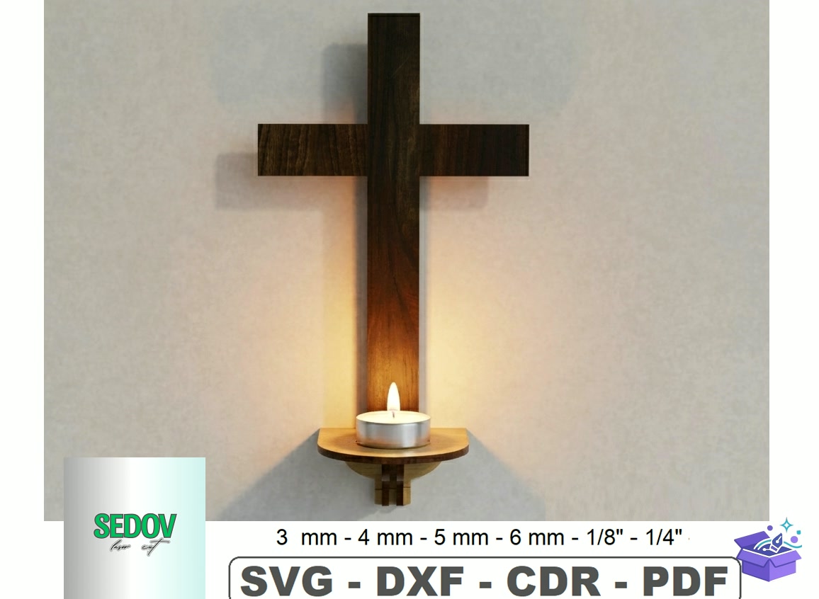 Lazer Kesim Wall Cross Candle Sconce - Lazer Kesim ve Çizim Dosyası (SVG, DXF, EPS, PNG) - detaylı önizleme 4